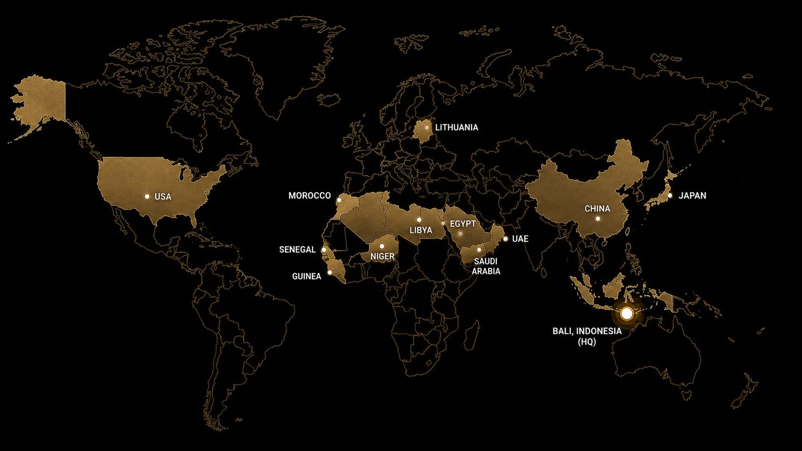 World map showing Thiam Investment Group's headquarters in Bali, Indonesia, active regions in Lithuania and Senegal, and network reach across the United States, Morocco, Niger, Guinea, Libya, Egypt, Saudi Arabia, UAE, China, and Japan